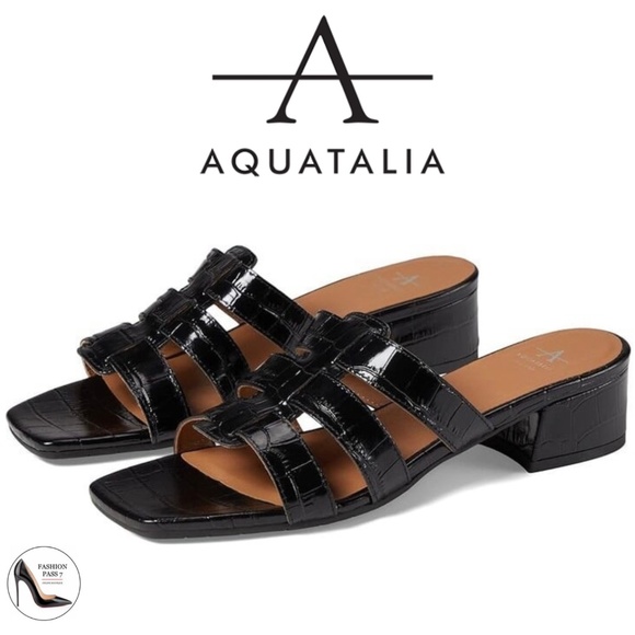 Aquatalia Harla Croco Caged Mule Sandals Black Leather Croc Embossed Shoes 8 - Picture 1 of 16